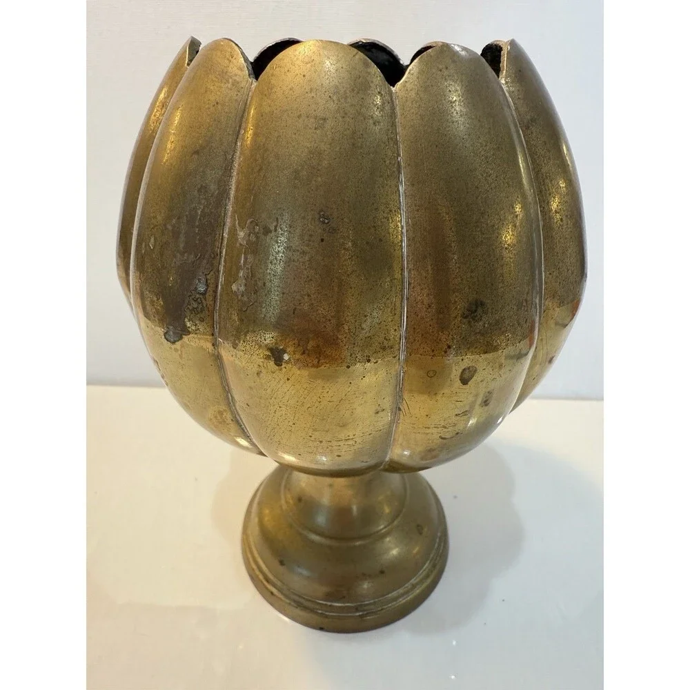 Vintage Brass Lotus Flower Pedestal Vase Scalloped Planter Urn India 7